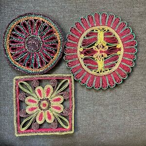 Boho Trivets Woven Set of 3 Hot Pads Vintage 70s Plant Candle Bohemian